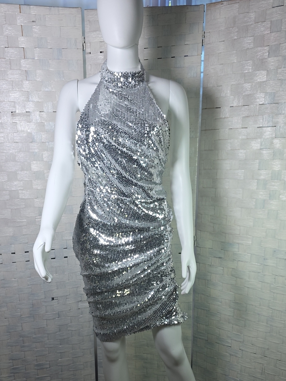 Fashion Nova Silver Sequin Halter Dress